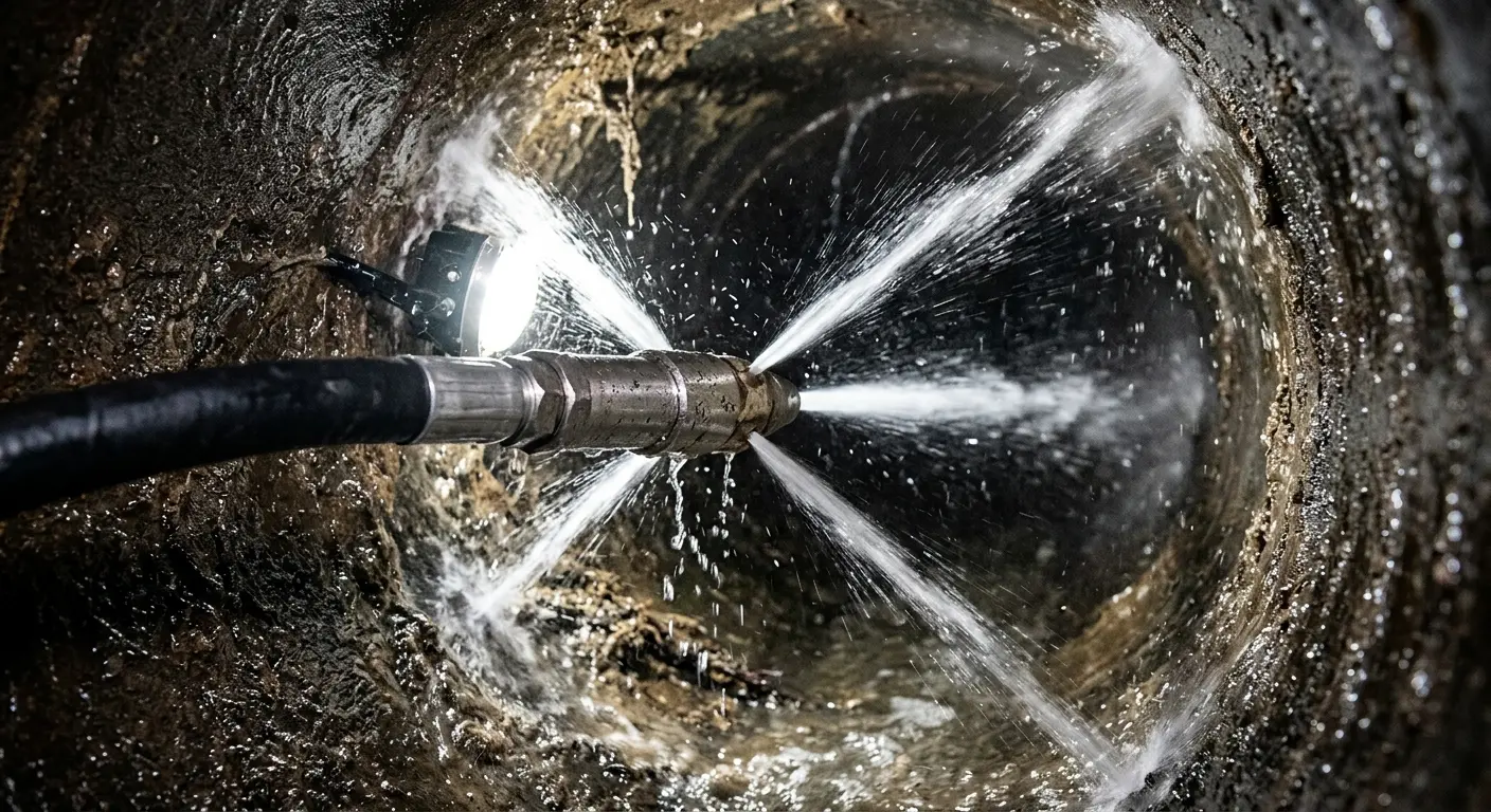 High-pressure hydro jetting nozzle cleaning sewer pipe for Sewer Line Relining in Dunbar