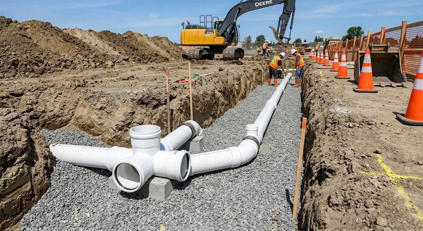 New PVC sewer pipe installation in open trench for Grease Trap Cleaning in Dunbar