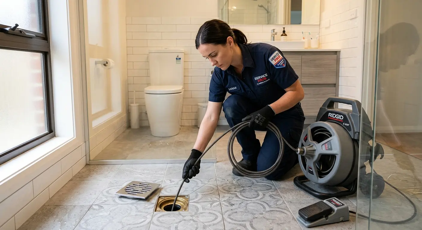 Technician clearing a bathroom floor drain for Hydro Jetting in Dunbar